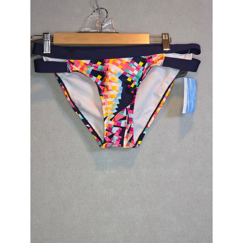 Cleanwater Geometric Pixel Print Bikini Bottoms Navy Multi Color Small NWT